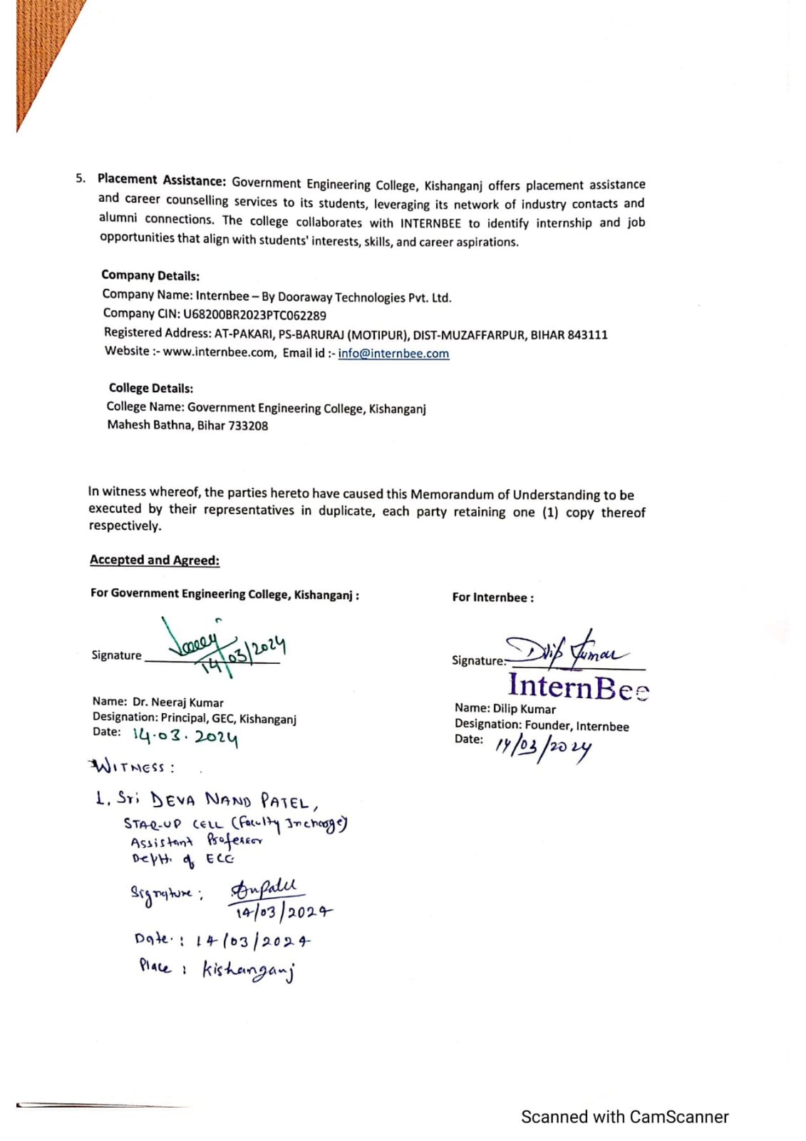 	MoU Between Internbee and GEC, Kishanganj